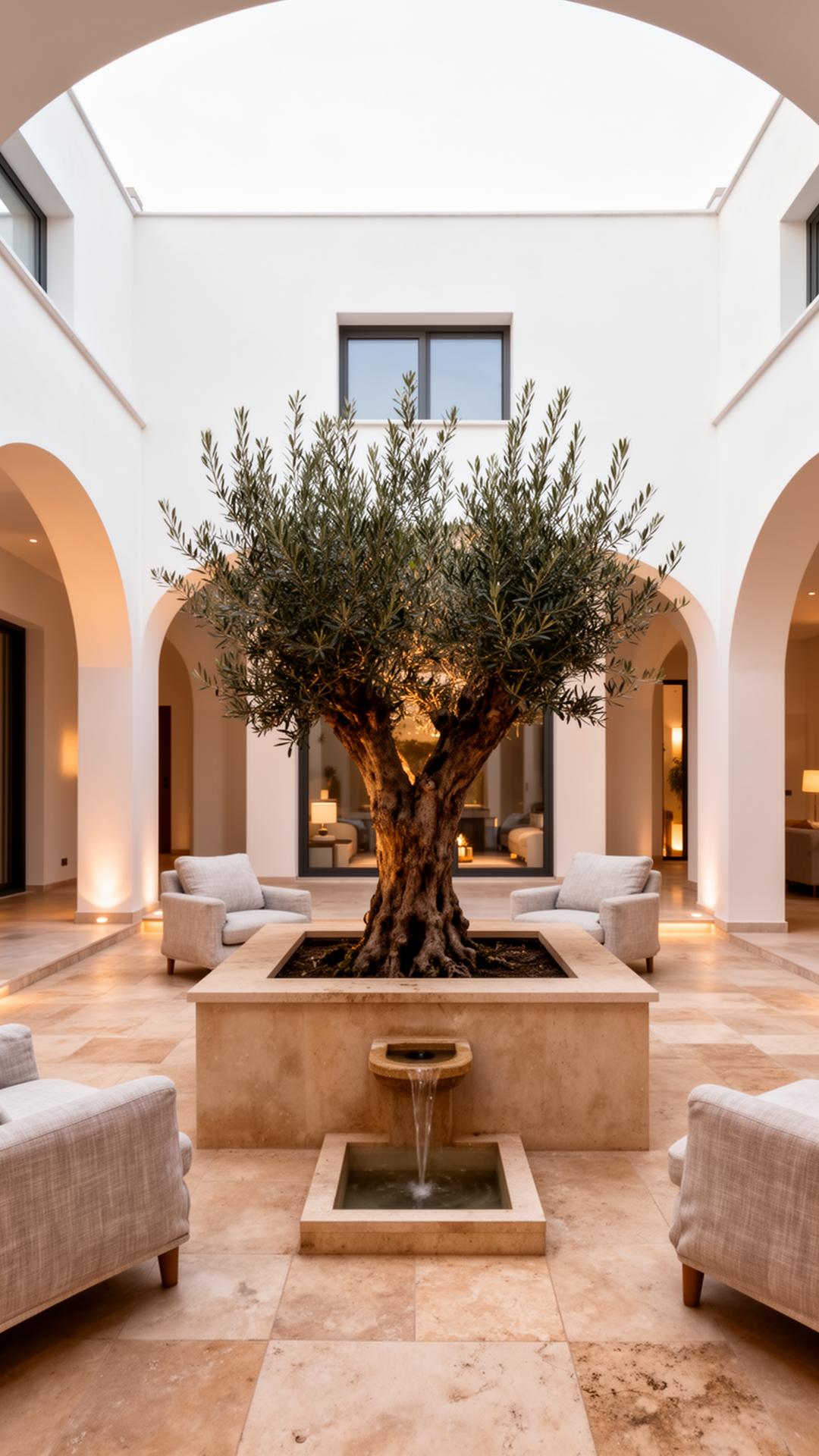 Contemporary Andalusian patio with arches and mature olive tree