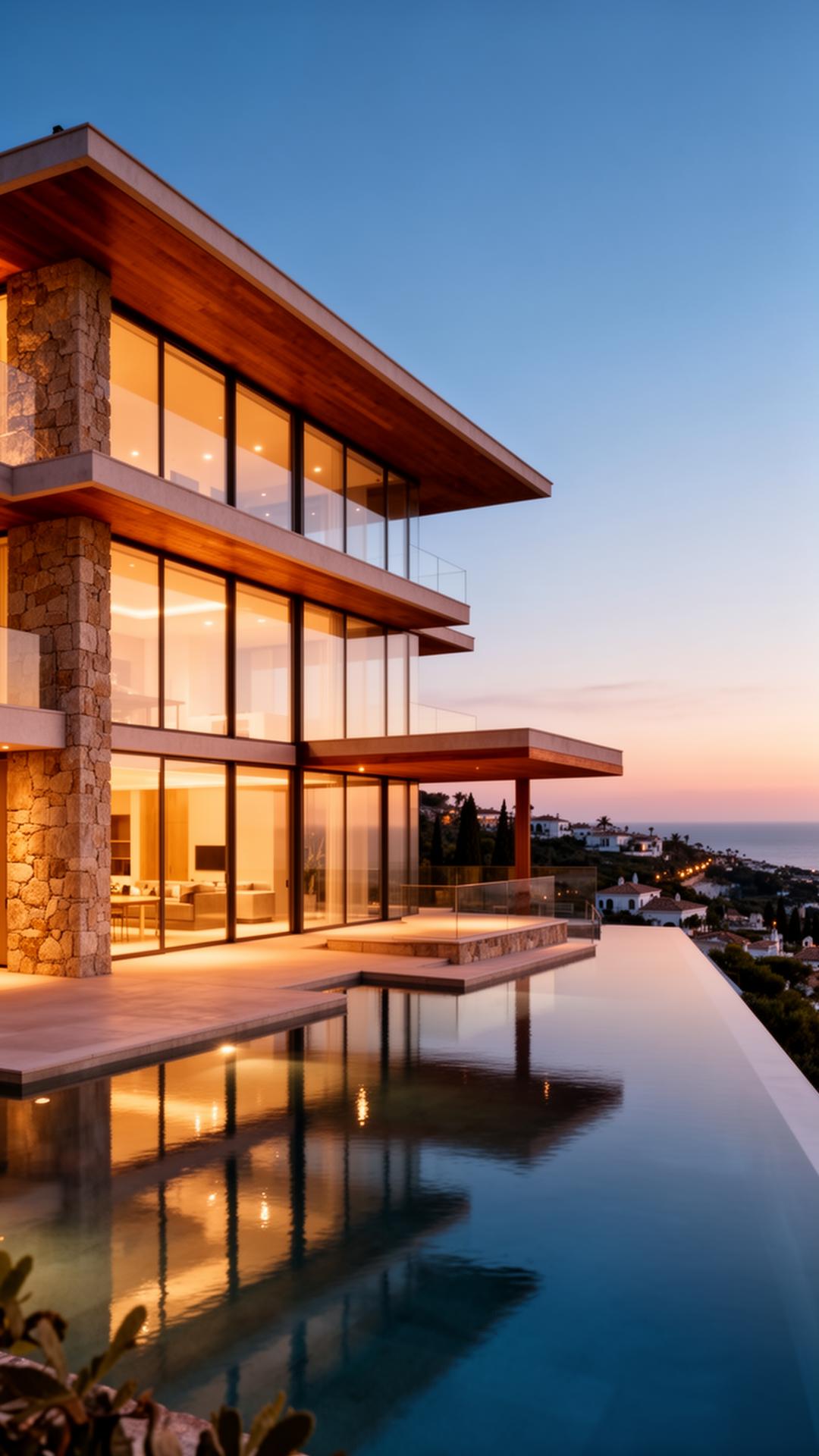 Premium new development at twilight with warm interior glow and infinity pool overlooking Mediterranean