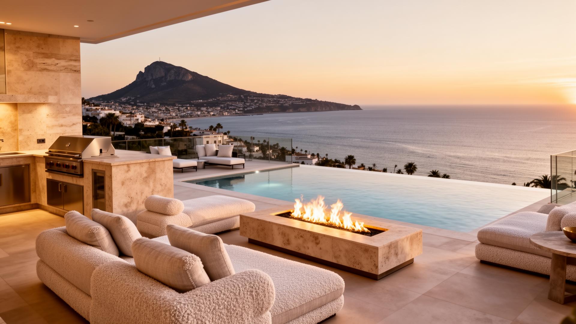 Outdoor lounge and plunge pool overlooking the Mediterranean at sunset