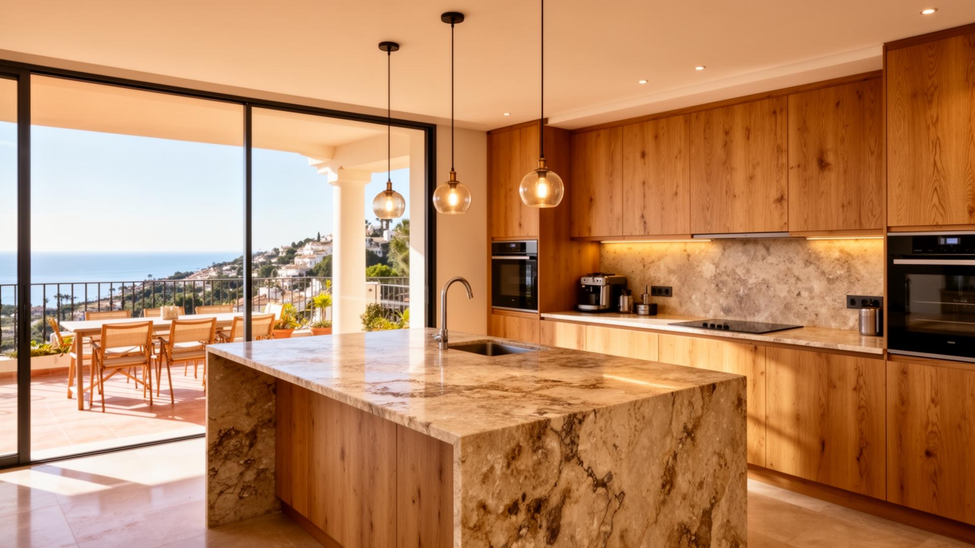 Designer kitchen with stone island in premium Costa del Sol penthouse